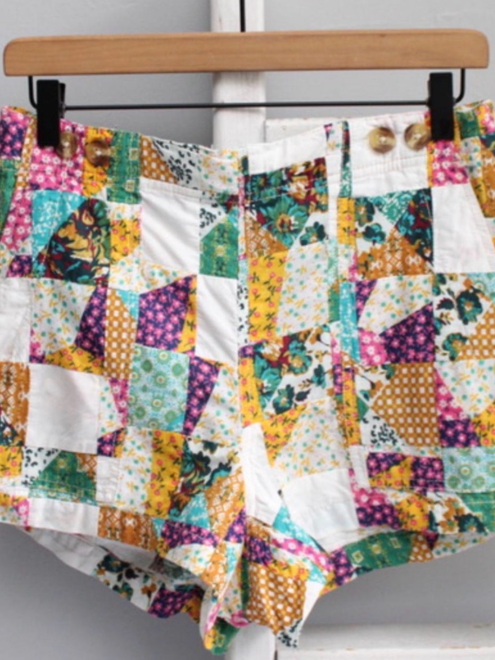 Pilcro Patchwork High-Waist Shorts - White, Yellow, Teal, Pink, Purple, Brown
